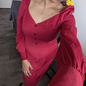 PrettyLittleThing Red Long Sleeve Sundress with Sweetheart Neckline